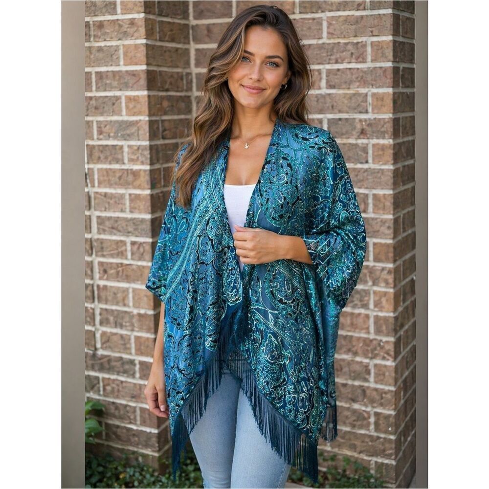 World Market Boho Chic Blue Paisley Kimono